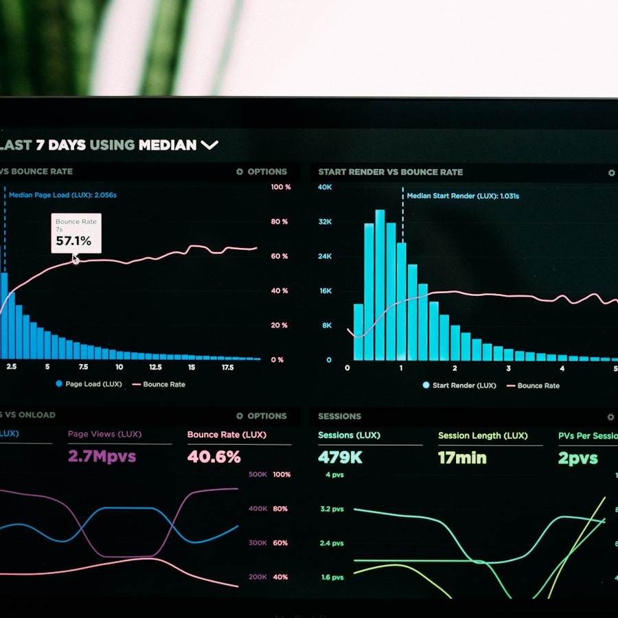 Ilustrasi analisis data dan visualisasi informasi digital di layar komputer