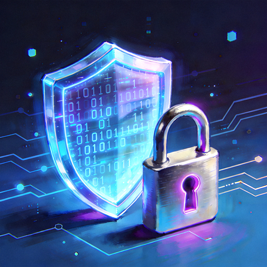 Ilustrasi konsep keamanan siber dengan gembok dan perisai digital