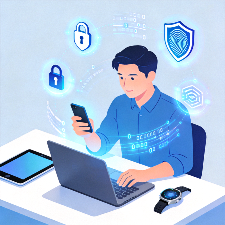 Ilustrasi orang menggunakan perangkat digital dengan simbol keamanan di sekitarnya